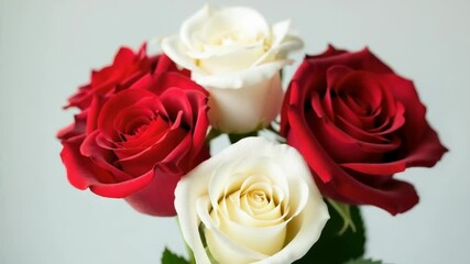 A vase filled with fresh red and white roses.