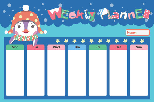 Vector kids schedule with cartoon animals and cute elements. Pastel weekly calendar planner template with cute antarctic penguin pattern background. Vector illustration. Blue background. - Powered by Adobe