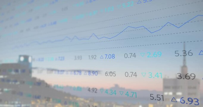 On startup, stock chart animating over dusk skyline, moving line and markers tracking market data - Powered by Adobe