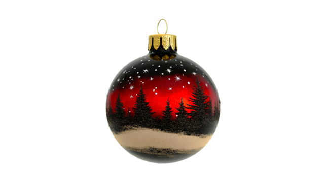 Red Christmas Ornament Winter Forest Scene  Snowflakes Black Trees