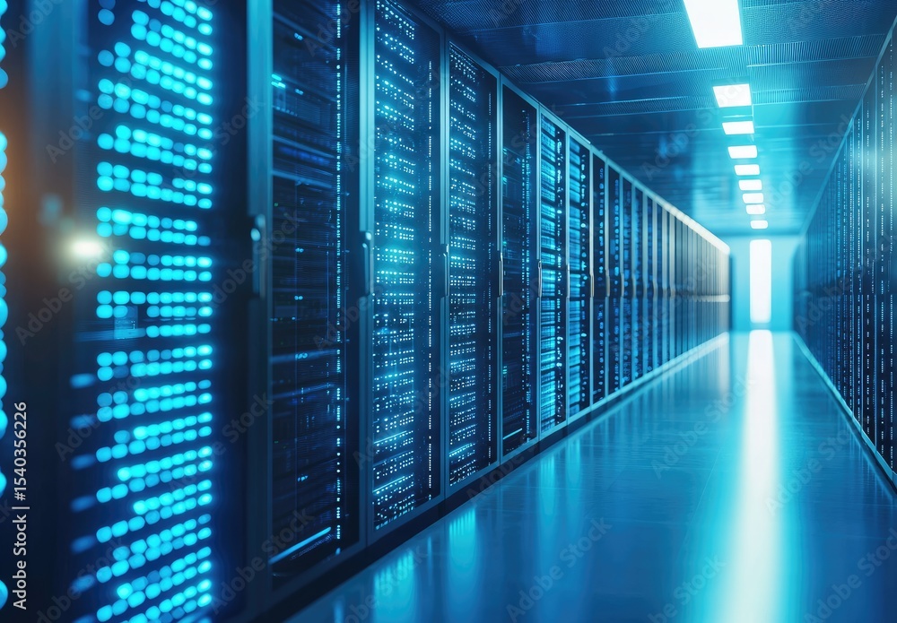 Poster Modern data center corridor with rows of illuminated server racks in blue light, ideal for technology presentations, cloud computing ads, and IT infrastructure visuals