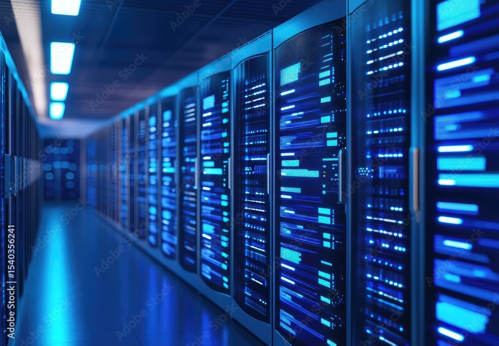 Poster Blue glowing server room with digital patterns on cabinet panels in a high-tech data center, perfect for IT services, AI systems, and cloud infrastructure concepts