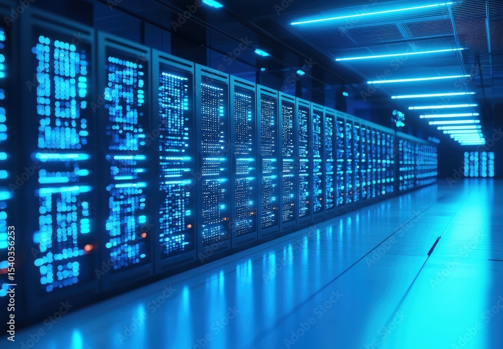 Poster futuristic server room with rows of glowing blue data racks under bright ceiling lights, perfect for