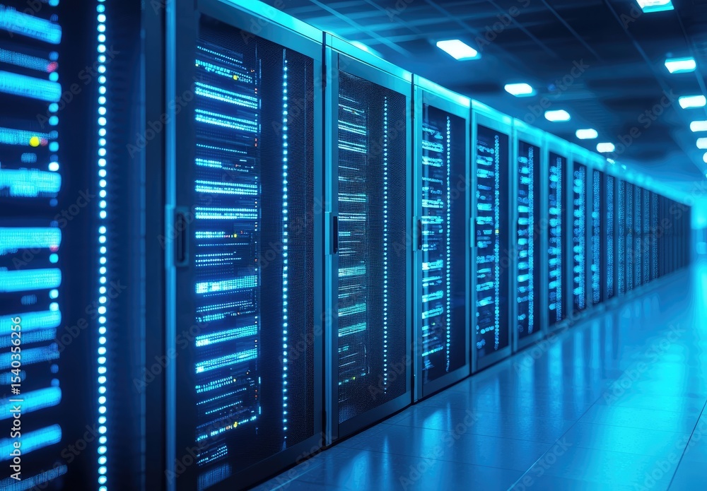 Aufkleber long row of modern server cabinets in a blue-lit data center interior, perfect for illustrating clou