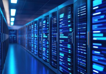 Blue glowing server room with digital patterns on cabinet panels in a high-tech data center, perfect for IT services, AI systems, and cloud infrastructure concepts
