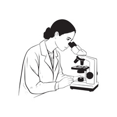 Female doctor or scientific researcher using microscope in a laboratory. Hand drawn style vector design illustration