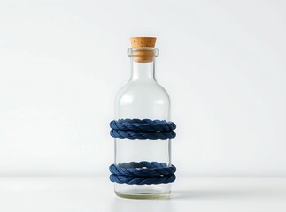 Nautical Elegance: A transparent glass bottle with a cork stopper, adorned with elegant navy blue rope, embodies the spirit of maritime aesthetic. 
