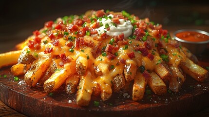 Loaded fries topped with melted cheese bacon and sour cream served with a spicy jalapeo dip