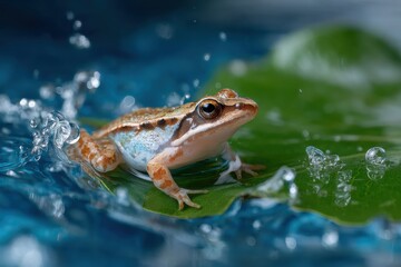 Fototapeta premium A vibrant frog perched on a leaf amid splashing water droplets creates a dynamic and eye-catching representation of nature's beauty and the joy of life in motion.