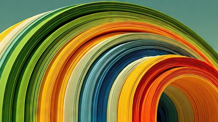 Fototapeta premium Abstract colorful rainbow arch with smooth color transitions from yellow to blue forming vertical stripes and curved lines on white background. Space between stripes for text or images, emphasizing vi