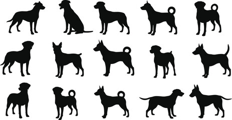 Dog silhouette vector collection, black dog clipart bundle, pet outline design, domestic dog shapes, canine animal icons, isolated dog graphic illustrations, editable SVG set