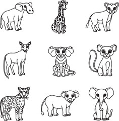 Obraz premium Adorable African Safari Animals Line Art Drawings of Elephants, Giraffes, Lions, Cheetahs, and More