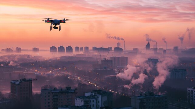 Drone flying over an industrial city during sunset, smog and pollution with buildings silhouette.