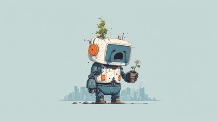 Fototapeta premium Sad Robot Holding a Flower in Cityscape