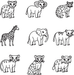 Obraz premium Adorable African Safari Animals Line Art Illustrations of Elephants, Lions, Leopards, Giraffes and More