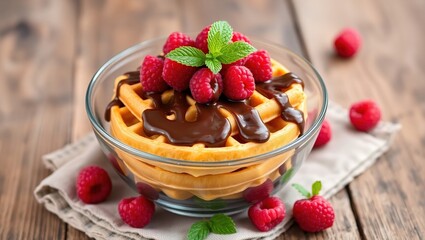  Close-up photo of golden waffles drizzled with chocolate and topped with raspberries and mint in a glass bowl on rustic wood