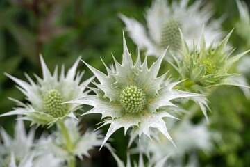 Eryngiums also known as sea holly with spiny leaves and a characteristic ruff around the flowerheads