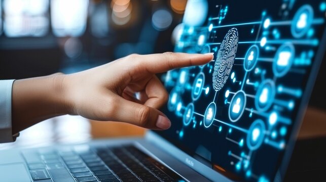 Hand touching fingerprint on a laptop screen, concept of cybersecurity, biometric authentication and data protection