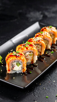 A close-up of salmon sushi with torched spicy mayo and chives on top, served on black plate