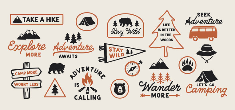 Outdoor adventure badge set with camping quotes and forest illustrations. Perfect for t-shirt designs, stickers, travel gear, or hiking-themed merchandise.