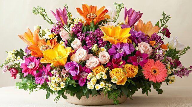 Vibrant floral arrangement in a shallow bowl