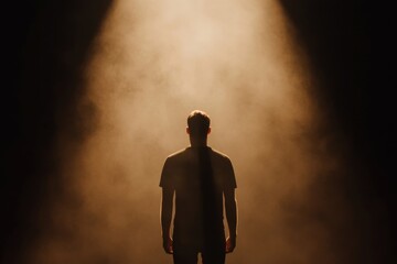 A man stands in the dark with a light shining on him