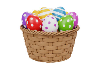 Isolated Wicker Basket Full of Decorated Easter Eggs
