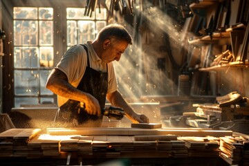Skilled Carpenter Working in Workshop, Creating Fine Woodwork, Sawing and Shaping Boards, Craftsmanship at its Best