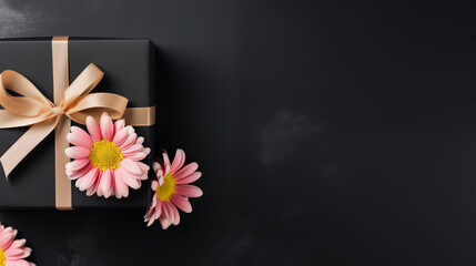 Obraz premium A black gift box with a peach ribbon and pink daisies on a black background