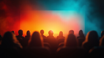 Cinematic-style background showing silhouettes of people watching a glowing screen. Immersive and emotional atmosphere for entertainment, culture, or film-related content.