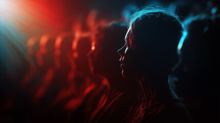 Cinematic-style background showing silhouettes of people watching a glowing screen. Immersive and emotional atmosphere for entertainment, culture, or film-related content.