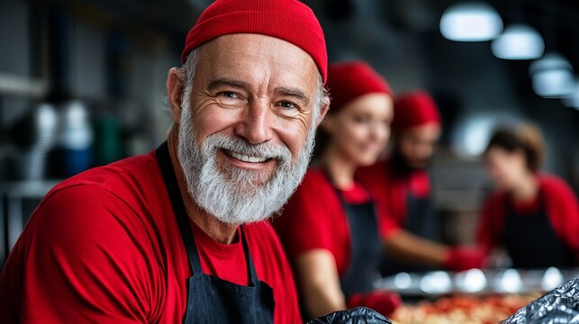 Smiling senior man wears a red cap while standing with other workers in the kitchen area.