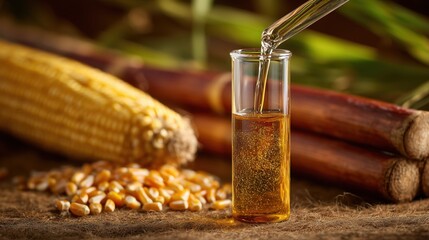 High-resolution image of sustainable ethanol fuel being poured into a transparent test tube, surrounded by corn kernels and sugarcane, soft shadows, eco-lab environment