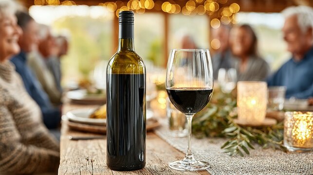 Bottle of red wine and wine glass on a rustic wooden table.