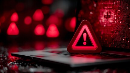  An alert caution icon appears on a laptop with a futuristic, glowing circuitry screen, representing concept cybersecurity and data protection.