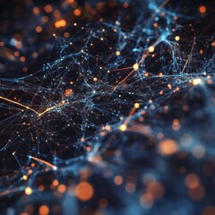 Abstract digital network with glowing connections and nodes on a dark background. This futuristic visualization represents data transfer, AI, neural networks, and high-tech communication systems.