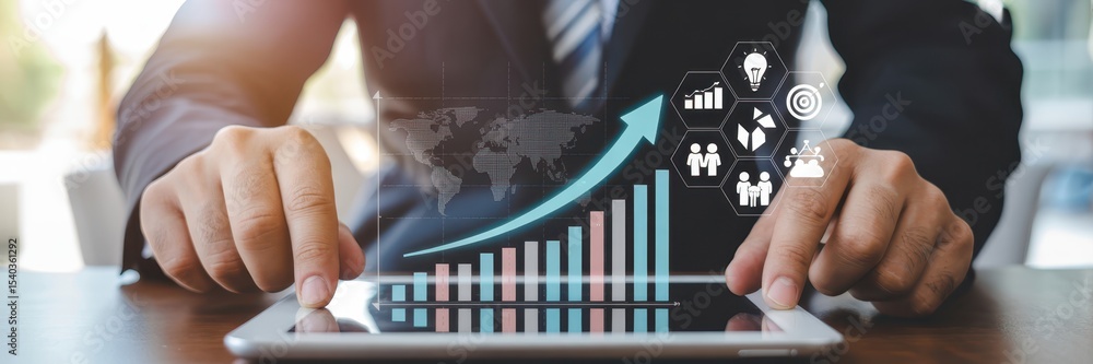 Poster person using a tablet with a graphical representation of growth.
