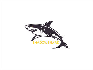 Black and White Vector Illustration of a Great White Shark Leaping with Yellow Text Shadowshark graphic