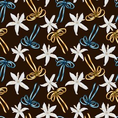Seamless watercolor pattern with white coffee flowers and decorative gold and blue bows on black background, painted in an elegant festive style. Great for packaging, textiles, gift wrap and branding