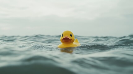 Yellow rubber duck floating alone in the middle of the ocean, surrounded by waves under a cloudy sky. The surreal, humorous scene contrasts a child's toy with the vastness of open water.
