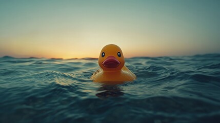 Yellow rubber duck floating alone in the middle of the ocean, surrounded by waves under a cloudy sky. The surreal, humorous scene contrasts a child's toy with the vastness of open water.
