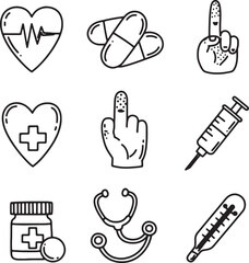 Medical Doodle Icons Healthcare, Heart, Pills, First Aid, Syringe, Stethoscope, Thermometer, Medicine
