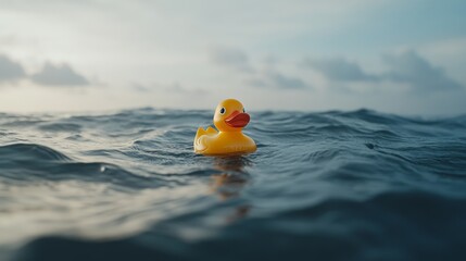 Yellow rubber duck floating alone in the middle of the ocean, surrounded by waves under a cloudy sky. The surreal, humorous scene contrasts a child's toy with the vastness of open water.