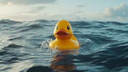 Yellow rubber duck floating alone in the middle of the ocean, surrounded by waves under a cloudy sky. The surreal, humorous scene contrasts a child's toy with the vastness of open water.