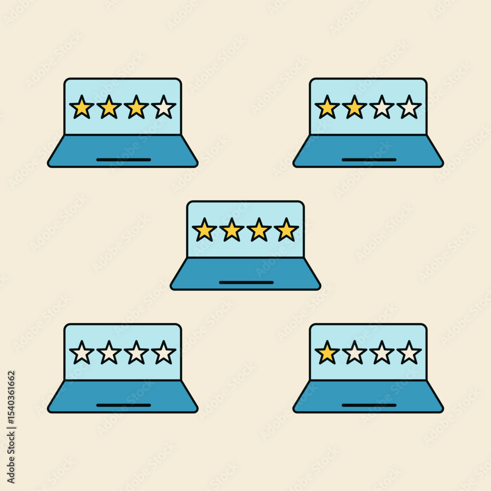 Poster modern icons showing 1- to 4-star reviews on laptops, representing user evaluations, quality ratings