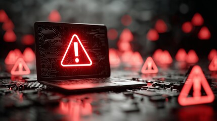  An alert caution icon appears on a laptop with a futuristic, glowing circuitry screen, representing concept cybersecurity and data protection.