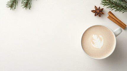 Flat lay of a festive latte with leaf latte art, cinnamon sticks, star anise, and pine branches on a white background. A cozy and minimal winter coffee scene perfect for seasonal designs.