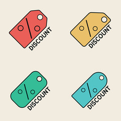 Flat design vector discount tags in red, yellow, green, and blue with stylized percent signs, ideal for retail banners and advertisements