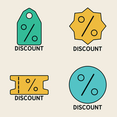 Flat style discount icons representing various offer types such as price tags, coupons, and promotional seals, ideal for retail and e-commerce use