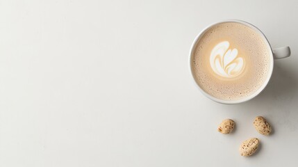 Minimalist top-down view of a cappuccino with heart-shaped latte art and scattered nuts on a clean white background. A calm, cozy setup perfect for cafe branding or morning coffee themes.